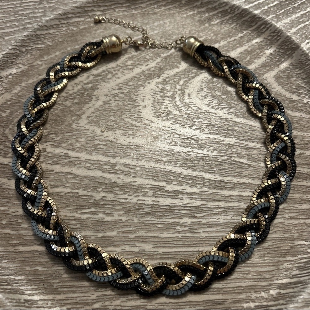 Elegant Braided Chain Necklace - Black, Gold, Silver and grayish blue